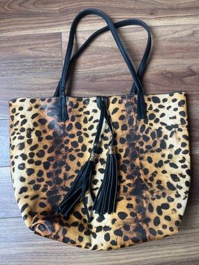 Leopard Print Tote Bag with Black Tassels Black Brown